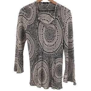 Loco Lindo Silk Black and White Tunic Bell Sleeve Blouse Size Small